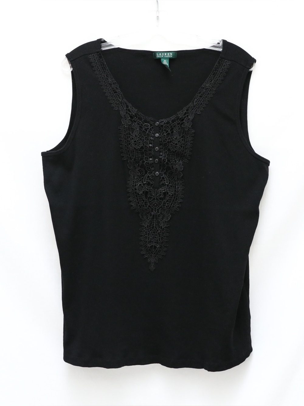 Ralph Lauren Black Tank Top Plus Size 3X Embroidery Women's Applique Lace Detail